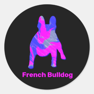 Pegatina Redonda Bulldog francés Silhouette rosa y azul