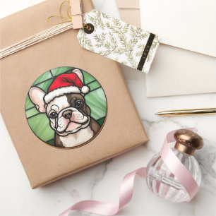 Pegatina Redonda Bulldog Francés Vidrio Pintado Navidad