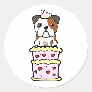 Pegatina Redonda Bulldog gracioso saltando de una torta