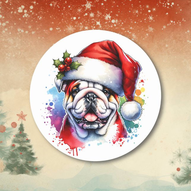 Pegatina Redonda Bulldog inglés acuarela en Santa Hat (Subido por el creador)