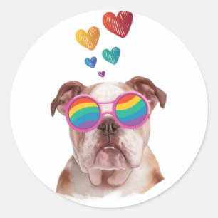 Pegatina Redonda Bulldog Inglés con Corazones Día de San Valentín 