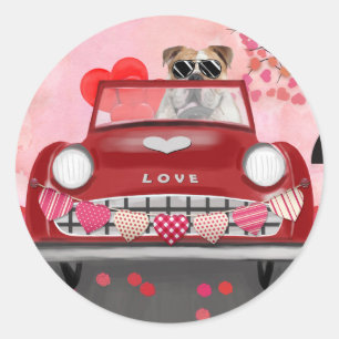 Pegatina Redonda Bulldog Inglés conduciendo un coche con corazones 
