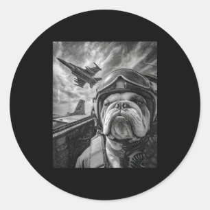Pegatina Redonda Bulldog Inglés Divertido Selfie Avión de Combate L