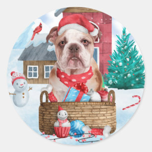 Pegatina Redonda Bulldog Inglés en casa de perro de Navidad con nie
