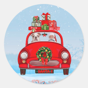 Pegatina Redonda Bulldog Inglés en coche con Papá Noel 