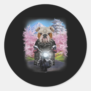 Pegatina Redonda Bulldog Inglés En Motocicleta Tour Jardín Japonés