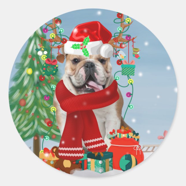 Pegatina Redonda Bulldog inglés en nieve con regalos de Navidades (Anverso)