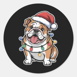 Pegatina Redonda Bulldog inglés envuelto en luces de Navidades