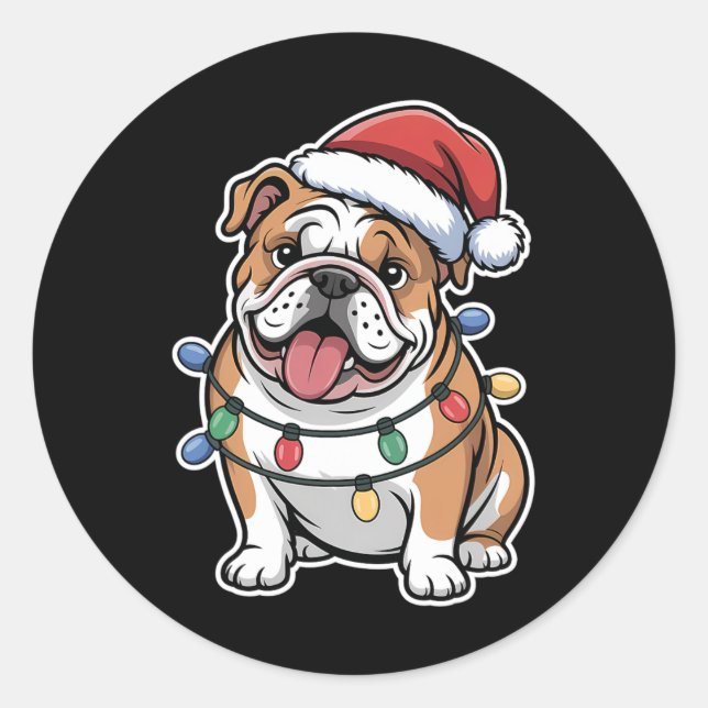 Pegatina Redonda Bulldog inglés envuelto en luces de Navidades (Anverso)