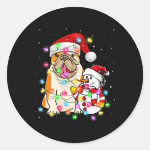 Pegatina Redonda Bulldog inglés Perro Snowman Santa Hat Luces