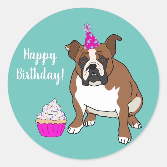 Pegatina Redonda Bulldog inglés personalizable Cumpleaños (Anverso)