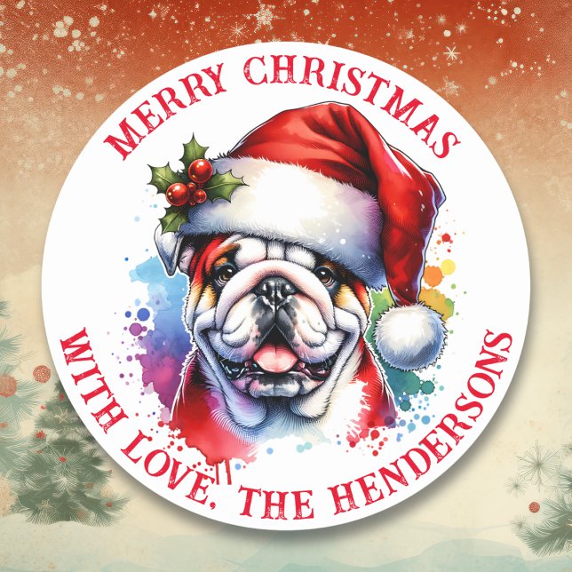 Pegatina Redonda Bulldog inglés personalizado en Santa Hat (Subido por el creador)