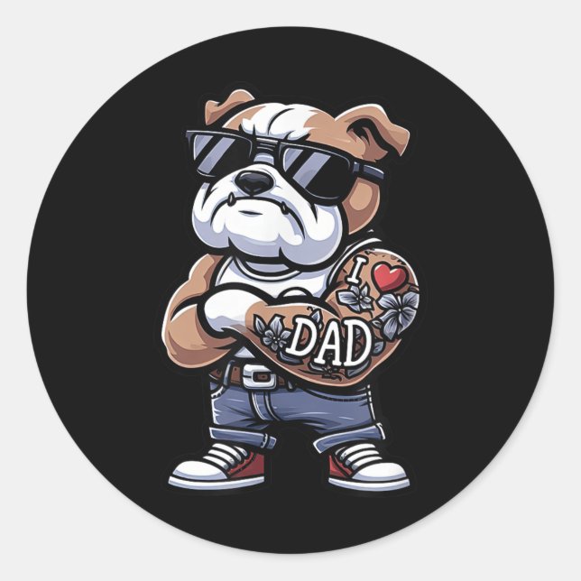 Pegatina Redonda Bulldog inglés que amo a papá divertido tatuaje de (Anverso)