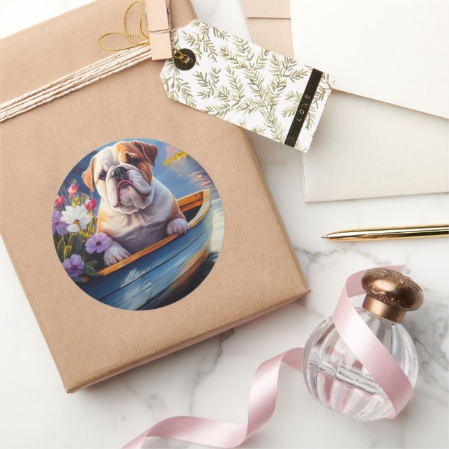 Pegatina Redonda Bulldog inglés sobre un remo: Una aventura escénic (Regalar)