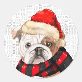 Pegatina Redonda Bulldog inglés y Navidades de Word Art