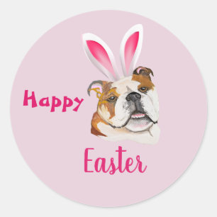 Pegatina Redonda Bulldog lindo arte original Feliz Pascua