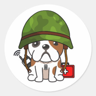 Pegatina Redonda Bulldog lindo con casco militar
