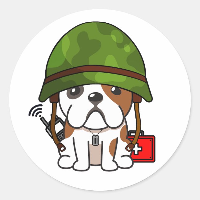 Pegatina Redonda Bulldog lindo con casco militar (Anverso)