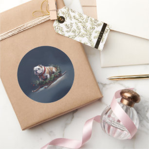 Pegatina Redonda Bulldog Navidad nieve invierno