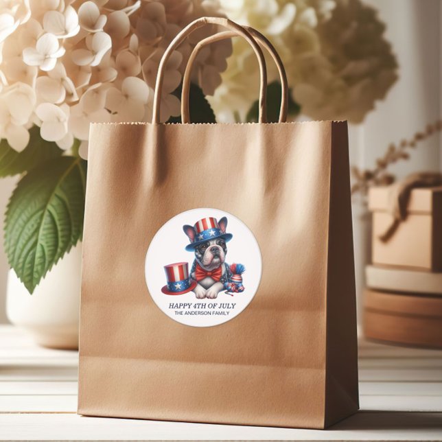 Pegatina Redonda Bulldog Patriótico Top Hat Red White Blue 4 de jul (Patriotic Boxer/dog gift bag sticker)