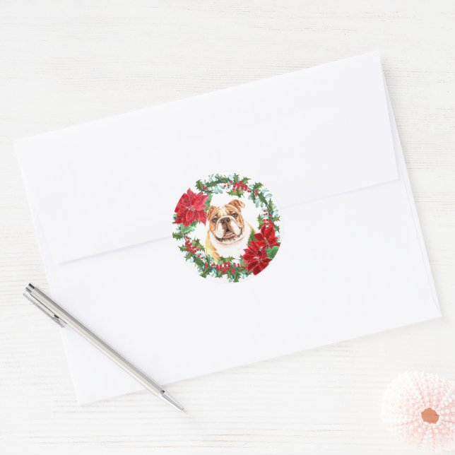 Pegatina Redonda Bulldog Poinsettia Holly Berry Navidades Wreath (Sobre)