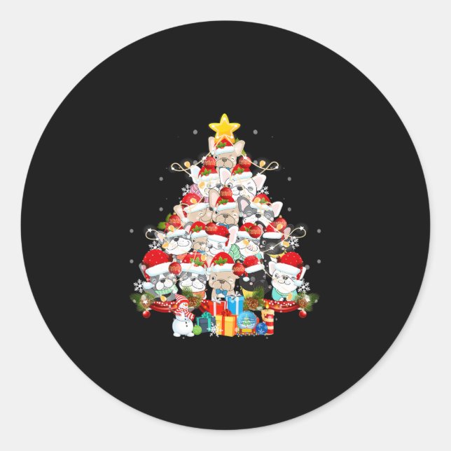 Pegatina Redonda Bulldog Santa Claus Navidad Árbol iluminado Feliz  (Anverso)
