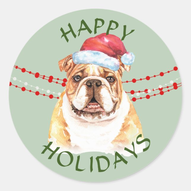Pegatina Redonda Bulldog Santa Hat Felices Fiestas (Anverso)