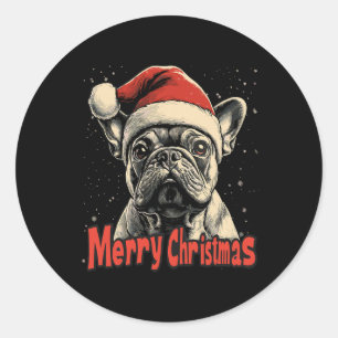 Pegatina Redonda Bulldog Santa Hat Feliz Navidad Navidad Perro Love