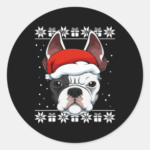 Pegatina Redonda Bulldog Santa Hat Navidades Pajama Cute Perro Feo