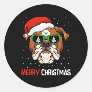 Pegatina Redonda Bulldog Santa Hat Navidades Pajama Perro X mas Árb