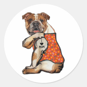 Pegatina Redonda Bulldog Tatuaje Perro Me Encanta Mamá Flor Día de