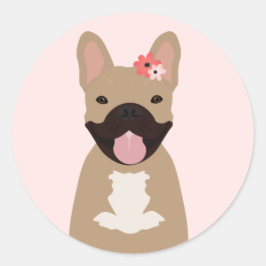 Pegatina Redonda Bulldoges franceses con flores sonrientes rosadas