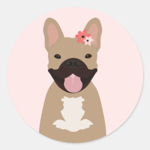 Pegatina Redonda Bulldoges franceses con flores sonrientes rosadas