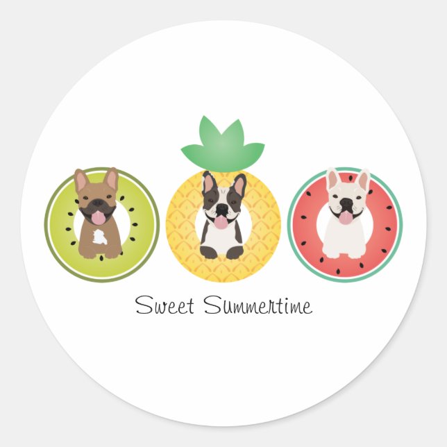 Pegatina Redonda Bulldoges Franceses En La Piscina De Frutas (Anverso)