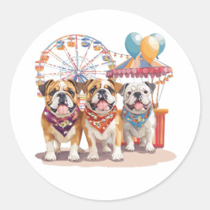 Pegatina Redonda Bulldoges Ingleses En Un Carnaval