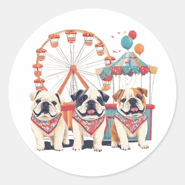 Pegatina Redonda Bulldoges Ingleses En Un Carnaval (Anverso)