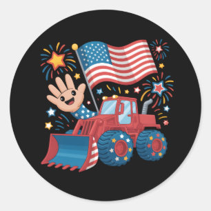 Pegatina Redonda bulldozer 4 de julio Niños niños niños jóvenes EE.