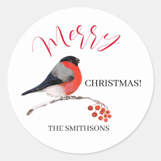 Pegatina Redonda Bullfinch and red Rowan berries, Merry Christmas! (Anverso)