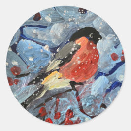 Pegatina Redonda bullfinch en una rama con bayas rojas, es snowi