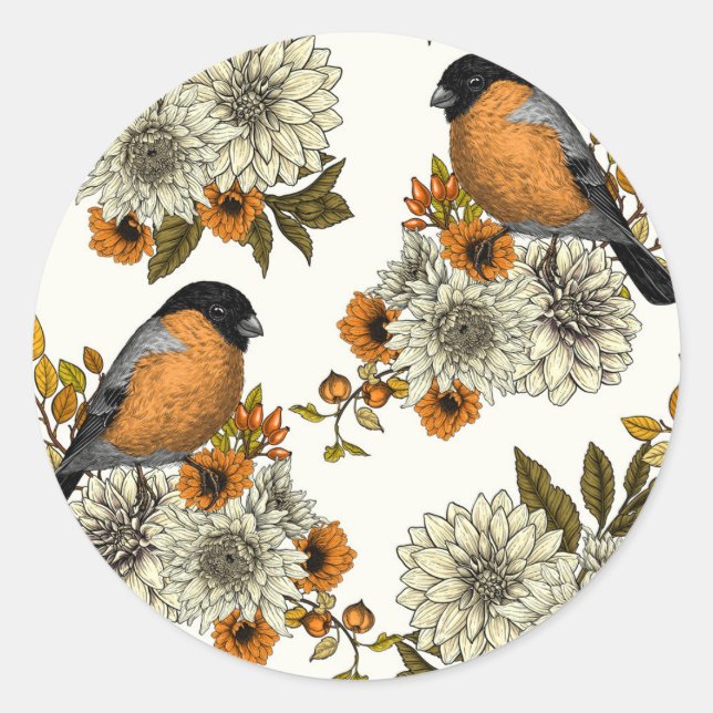 Pegatina Redonda Bullfinch on autumn florals 2 (Anverso)