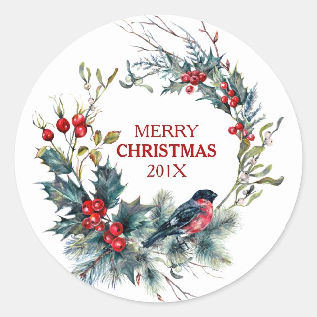 Pegatina Redonda Bullfinch y Navidades holly wreath (Anverso)