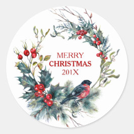 Pegatina Redonda Bullfinch y Navidades holly wreath