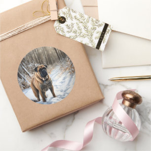 Pegatina Redonda Bullmastiff deja que nieve Navidades
