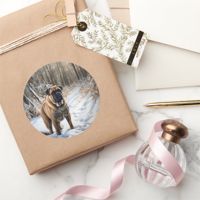 Pegatina Redonda Bullmastiff deja que nieve Navidades (Regalar)