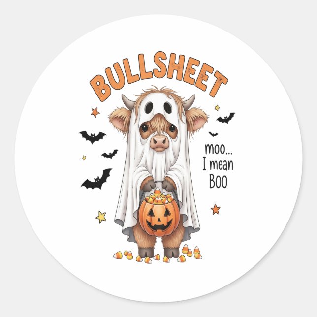 Pegatina Redonda Bullsheet Highland Cow Funny Ghost (Anverso)