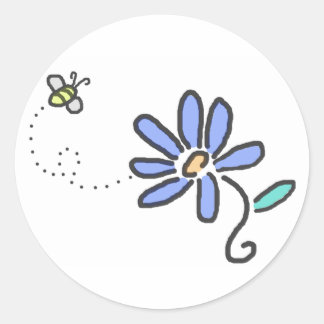 Pegatina Redonda Bumble Bee and Blue Flower