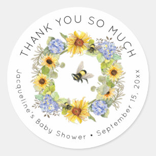 Pegatina Redonda Bumble Bee Sunflower Blue Hydrangea Baby Shower