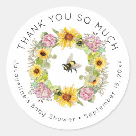Pegatina Redonda Bumble Bee Sunflower Hydrangea Floral Baby Shower
