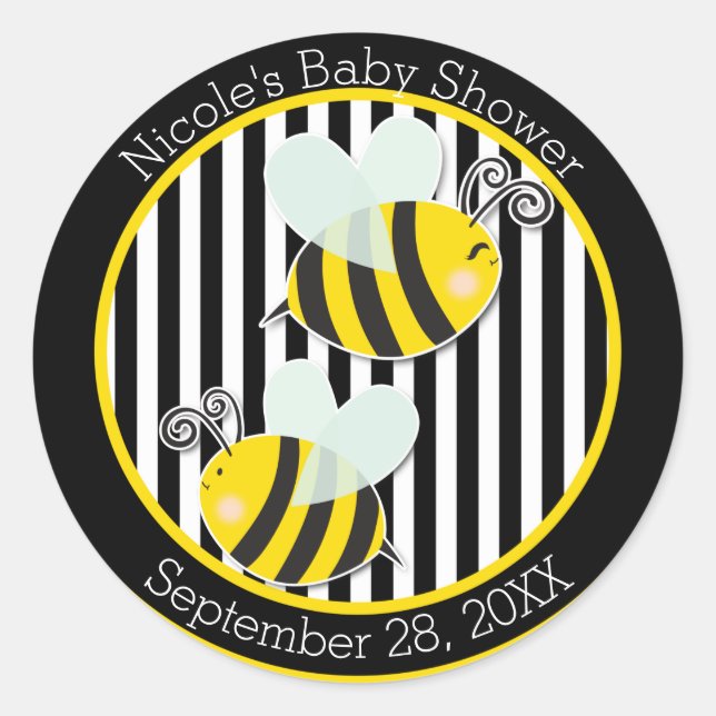 Pegatina Redonda Bumble Black Yellow Bee Ther Baby Shower (Anverso)