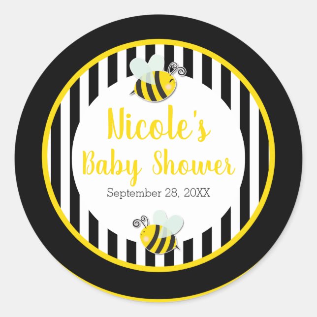 Pegatina Redonda Bumble Black Yellow Bee Ther Baby Shower (Anverso)